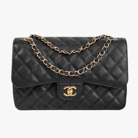 Chanel Timeless Black Caviar Leather Classic Jumbo Double Flap Bag - Picture 1 of 16